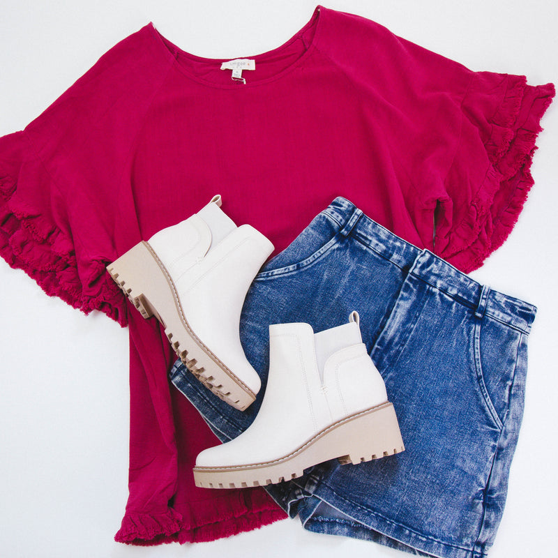 Margot Frayed Linen Top, Ruby | Extended Sizes