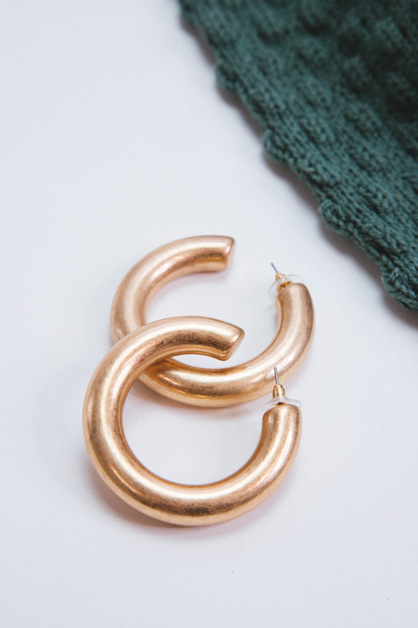 Thick Metal Hoop Earring, Worn Gold