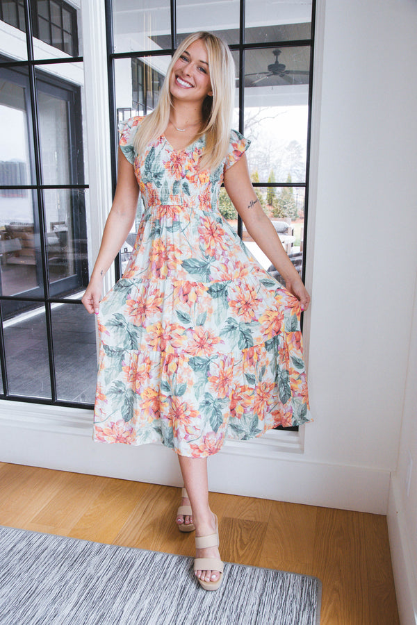 Madalyn Smocked Floral Midi Dress, Mint Multi