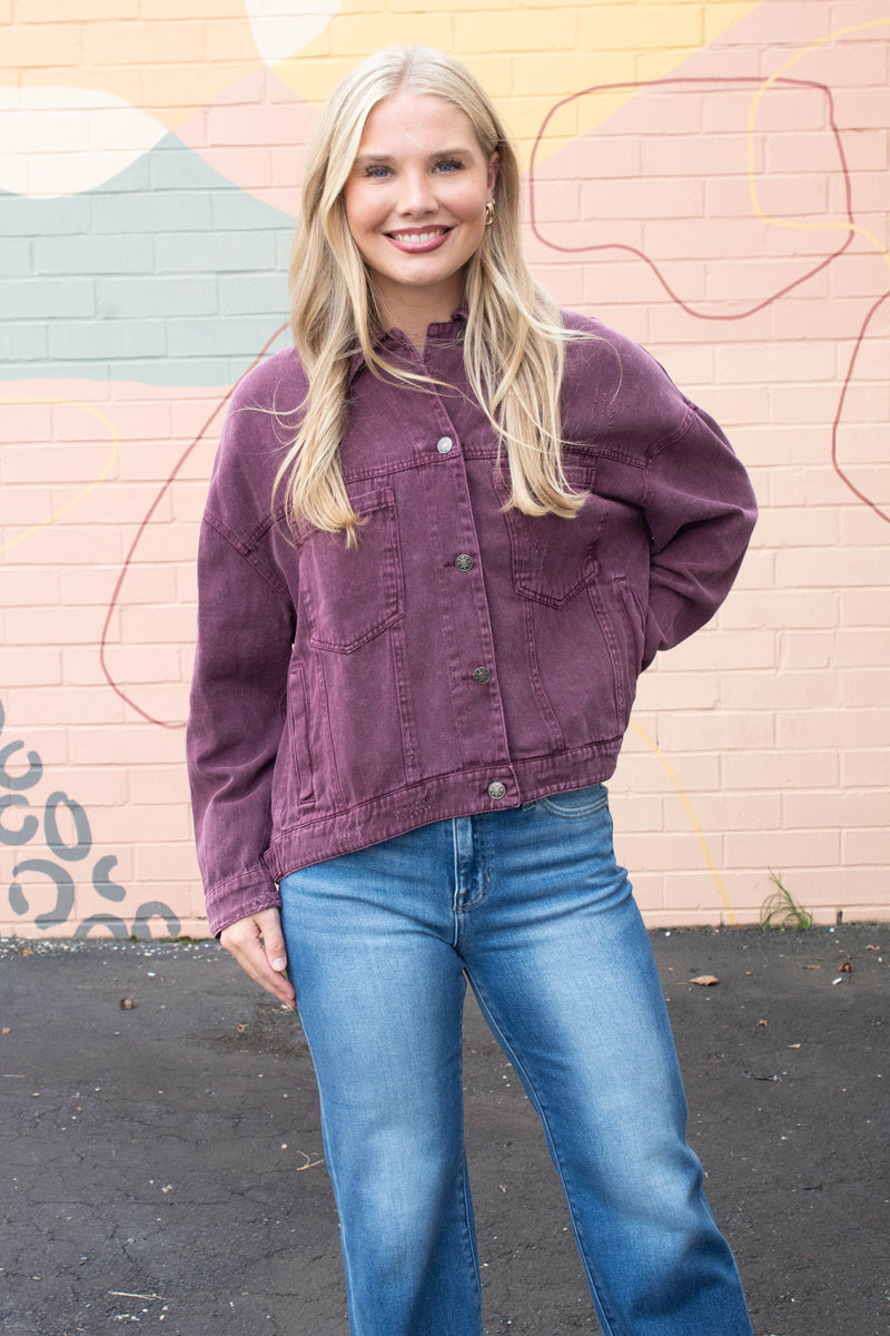 Audrey Button Down Denim Jacket, Cherry Lacquer