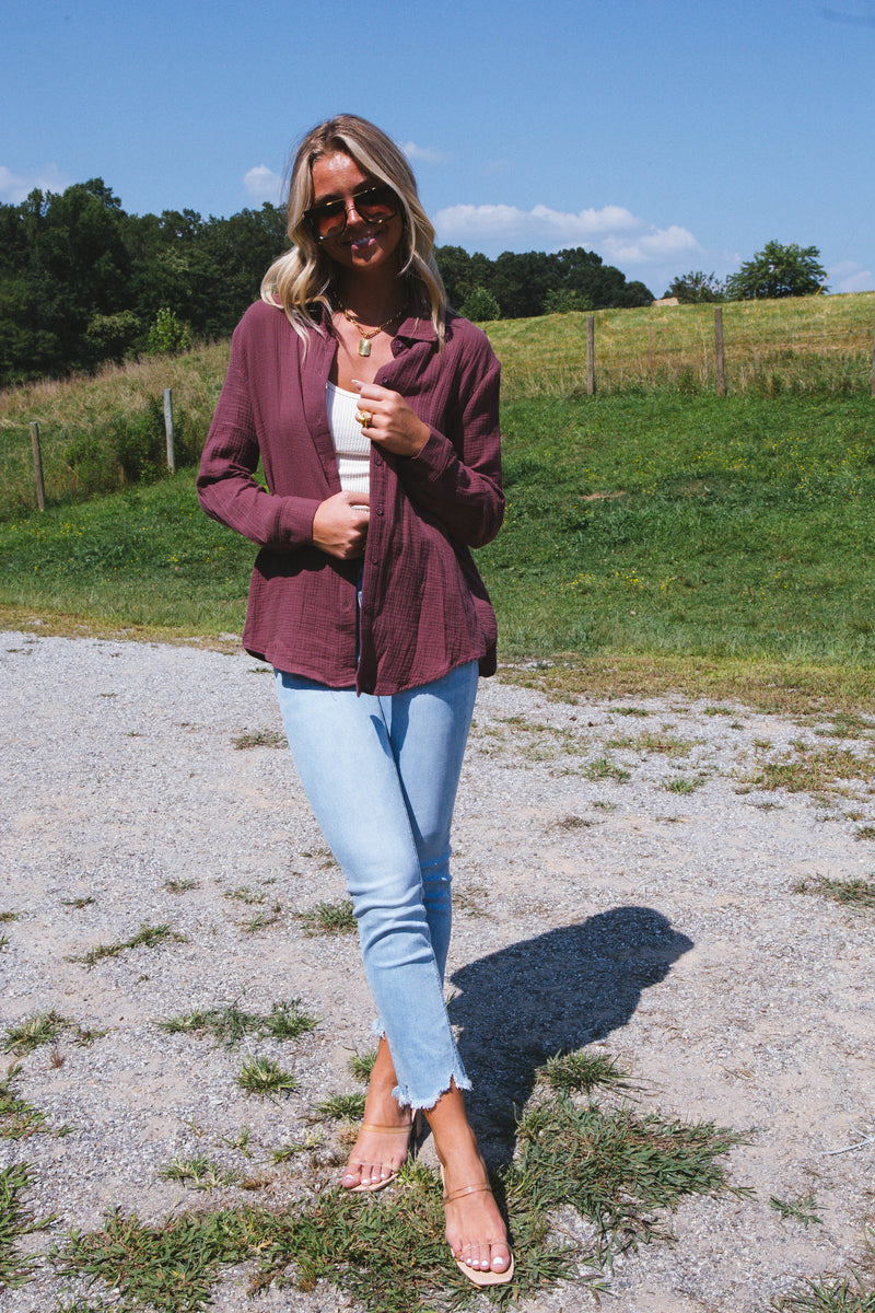 Cora Gauze Oversized Button Down Top, Plum