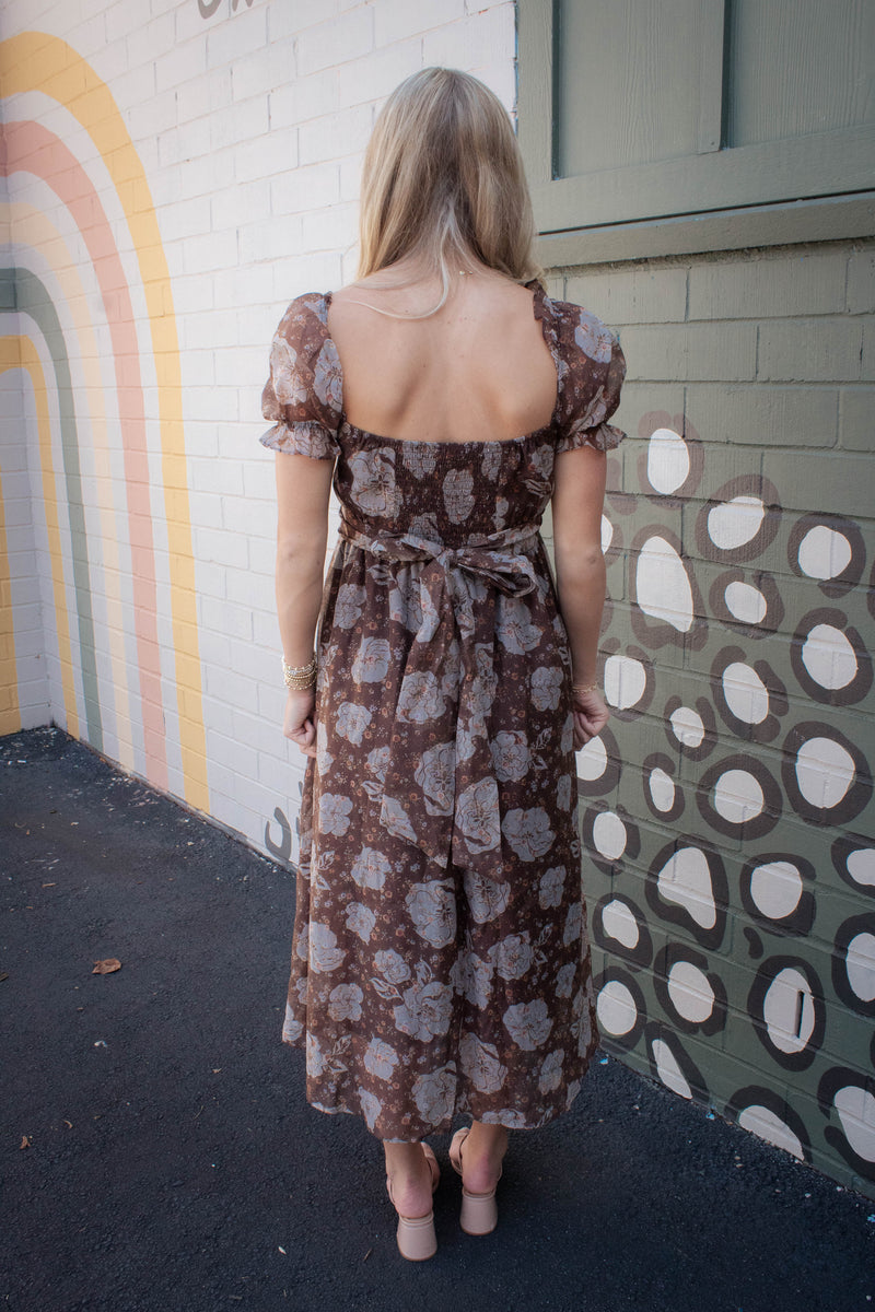 Joy Floral Sweetheart Midi Dress, Brown Multi