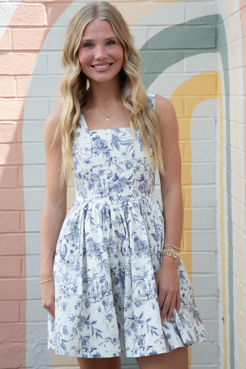 Skye Floral Corset Mini Dress, Blue Grey