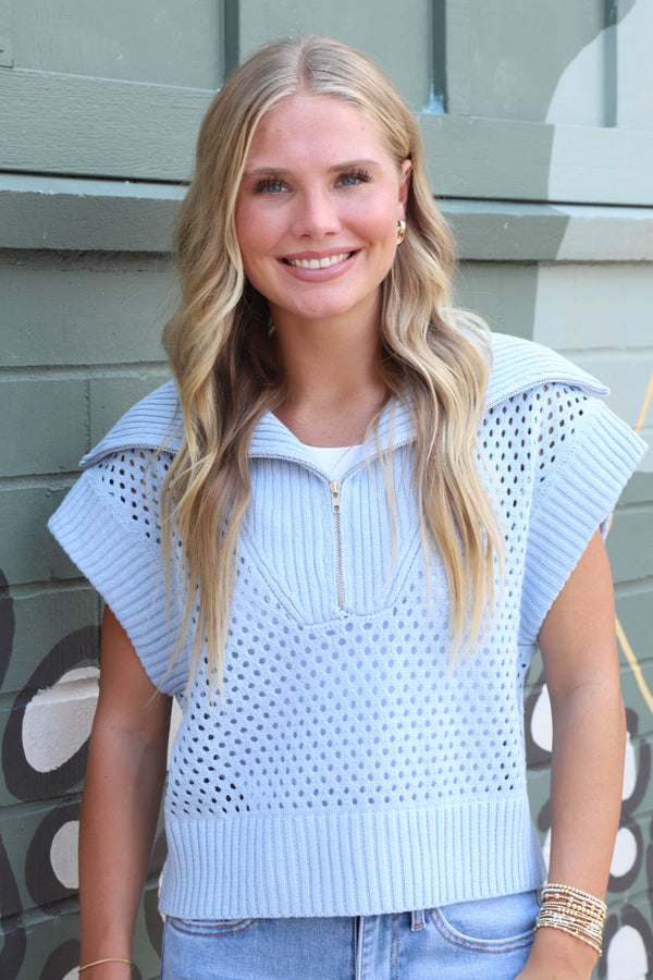 Lila Collared Half Zip Sweater Vest, Light Blue
