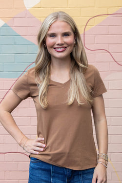 Tatum Cotton Jersey V-Neck Tee, Bronze Brown