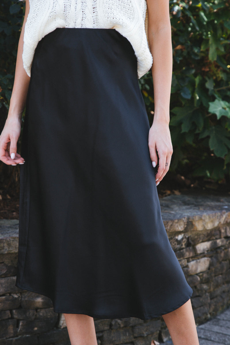 Sabina Satin Midi Skirt, Black