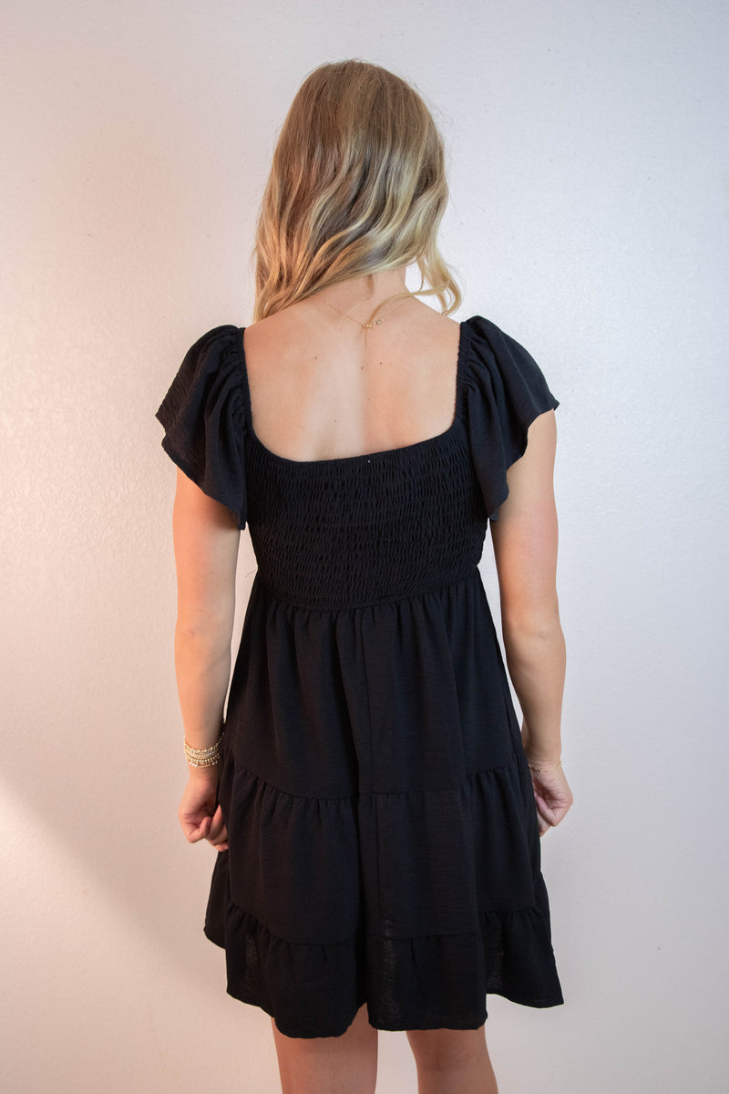 Katie Flutter Sleeve Smocked Mini Dress, Black