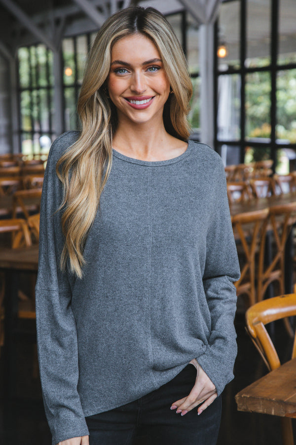 Sadie Oversized Soft Knit Top, Heather Charcoal