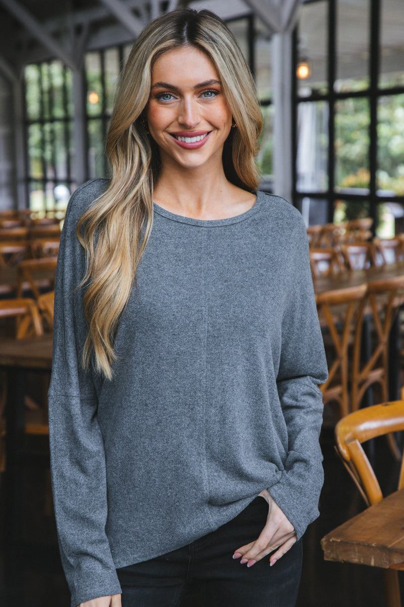 Sadie Oversized Soft Knit Top, Heather Charcoal