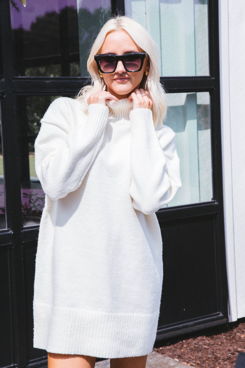 Manning Mock Neck Sweater Dress, Cream