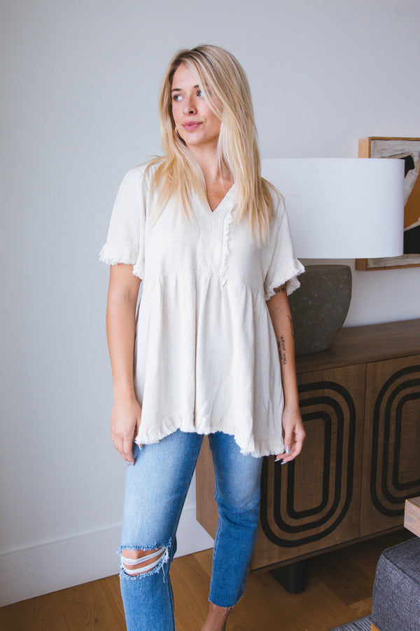 Madison Frayed Detail Top, Oatmeal