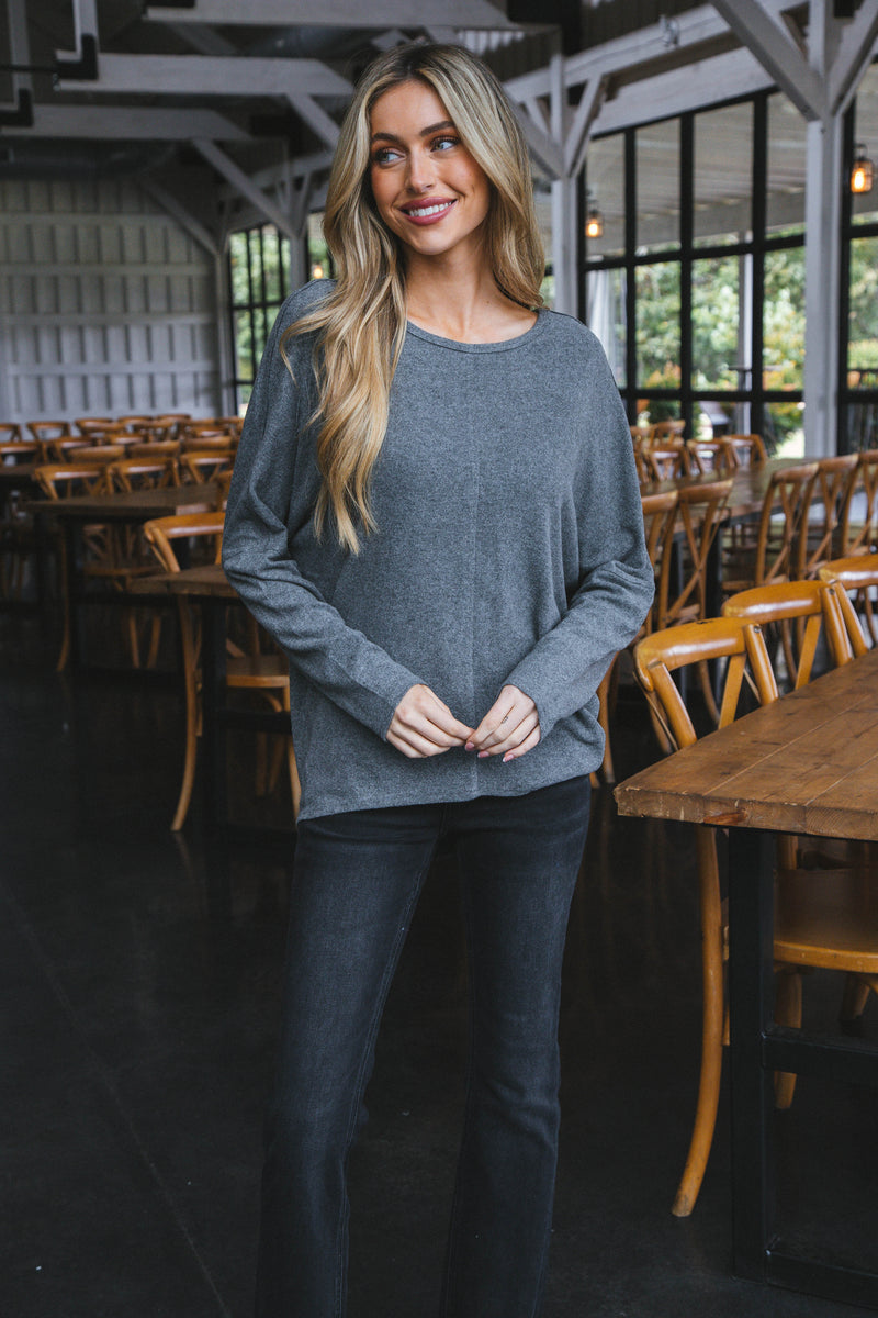 Sadie Oversized Soft Knit Top, Heather Charcoal