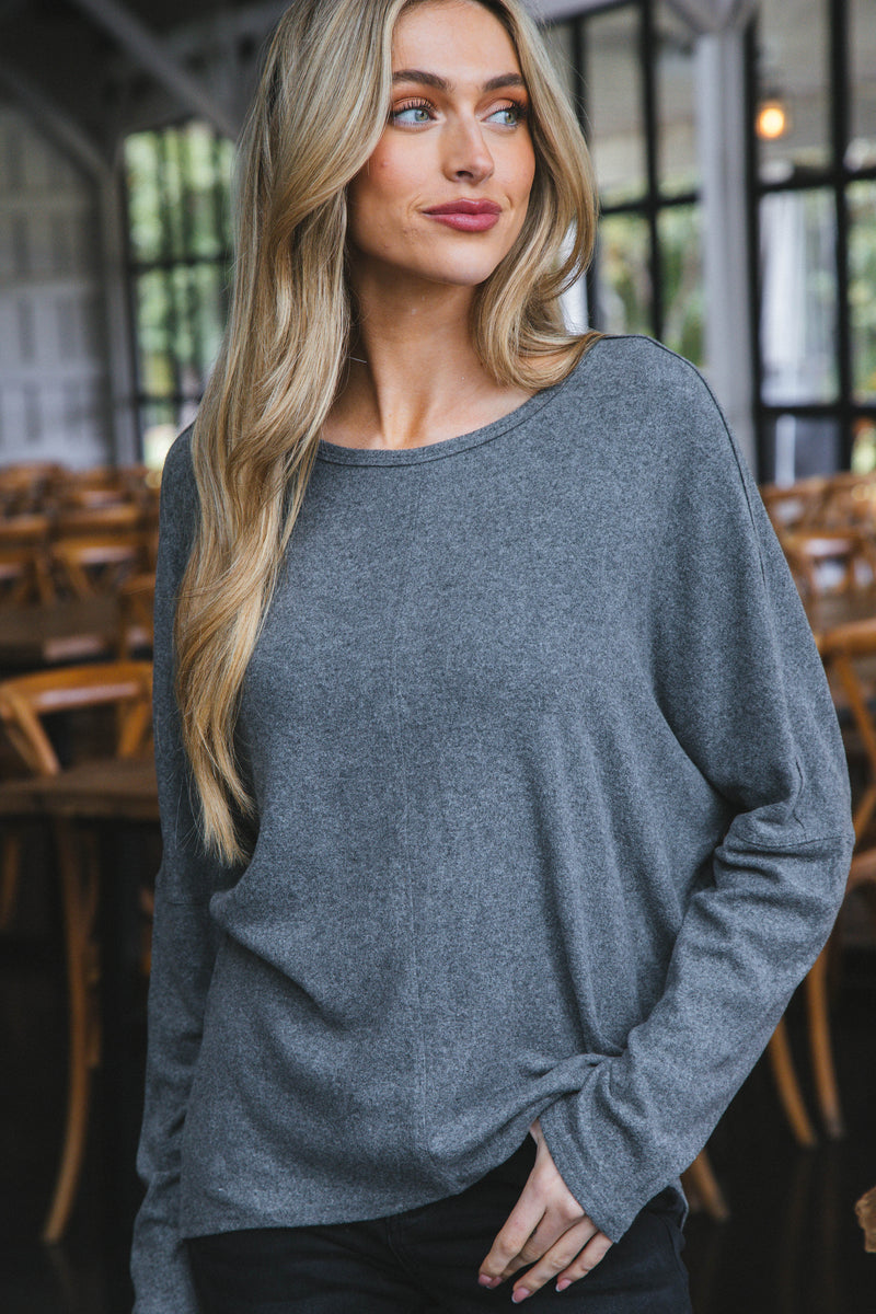 Sadie Oversized Soft Knit Top, Heather Charcoal