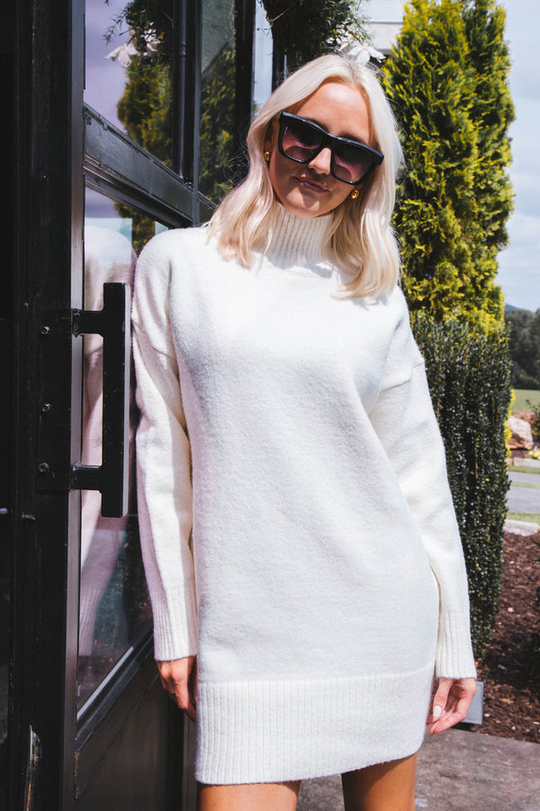 Manning Mock Neck Sweater Dress, Cream