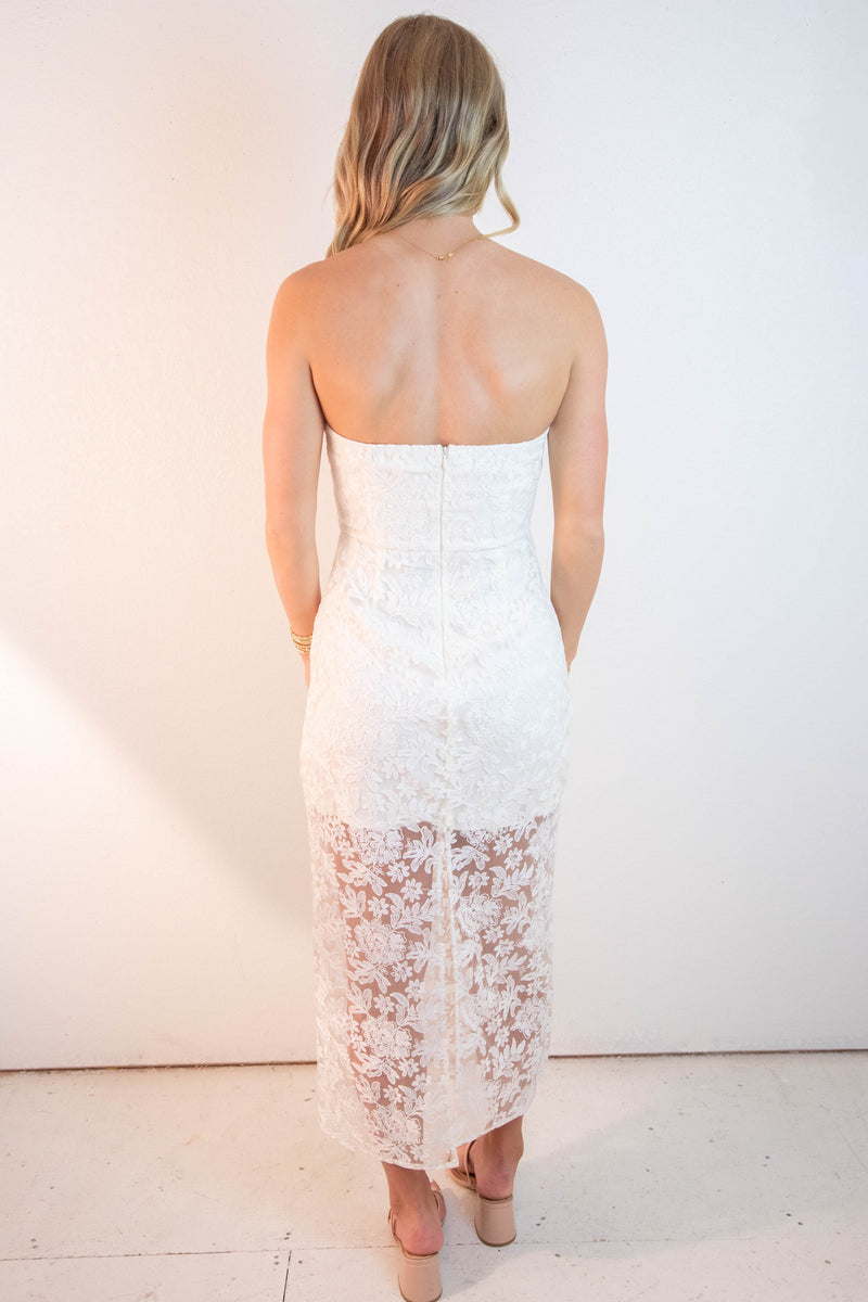 April Strapless Lace Midi Dress, Cream