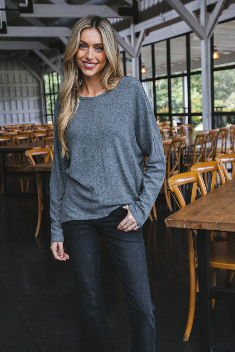Sadie Oversized Soft Knit Top, Heather Charcoal