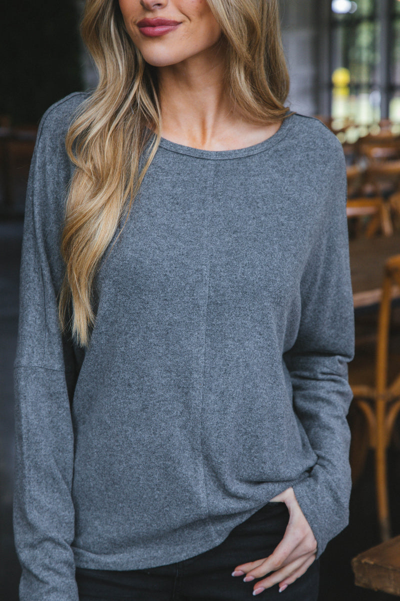 Sadie Oversized Soft Knit Top, Heather Charcoal