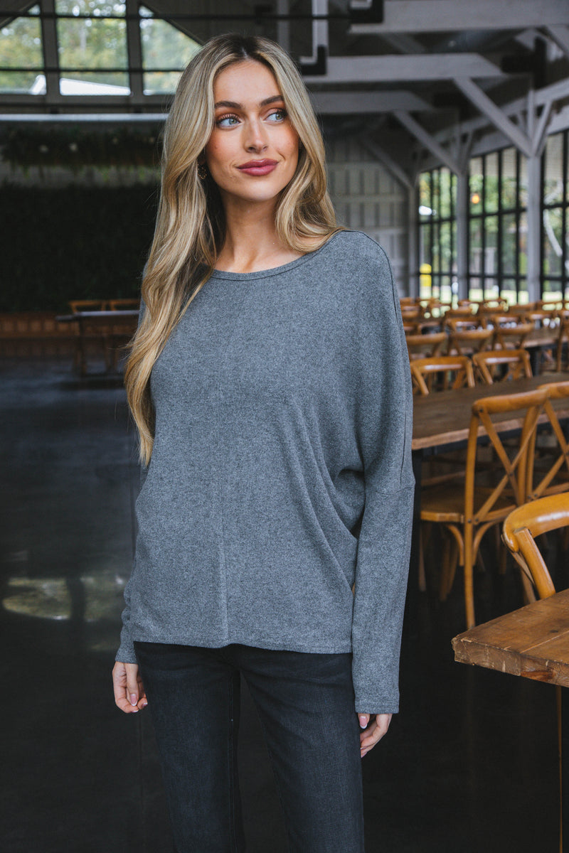 Sadie Oversized Soft Knit Top, Heather Charcoal