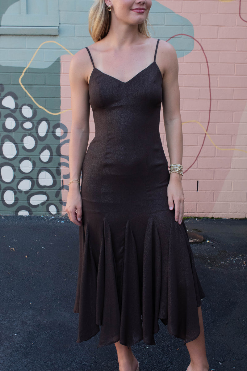 Phoebe Shimmering Asymmetric Hem Dress, Brown