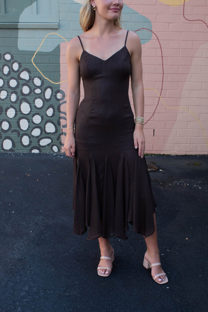 Phoebe Shimmering Asymmetric Hem Dress, Brown