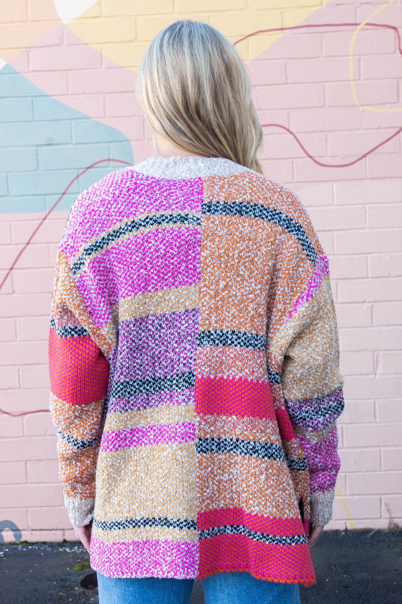 Frankie Oversized Color Block Cardigan, Fuchsia Mustard Multi