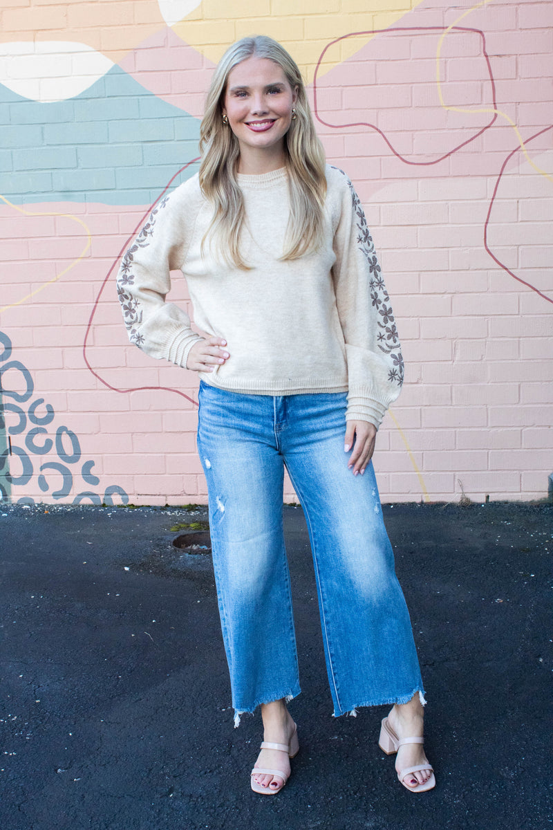 Angie Floral Embroidered Sweater, Oatmeal Brown