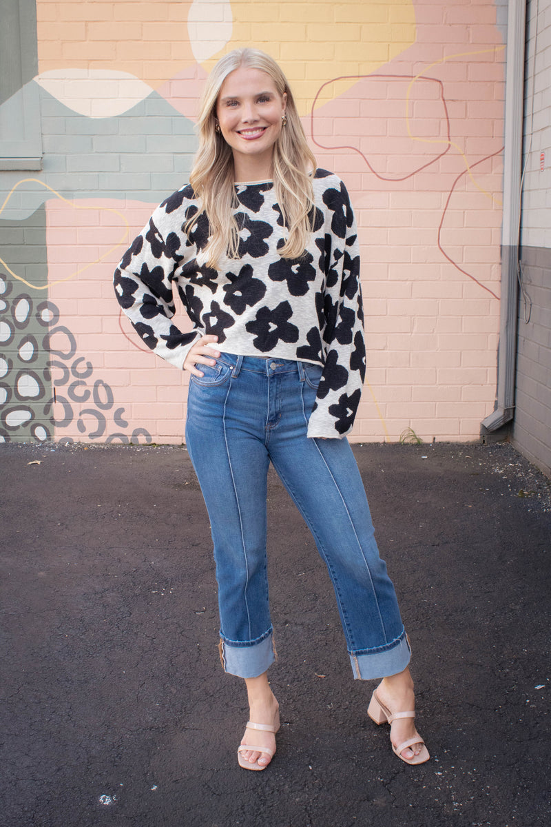 Shiloh Loose Fit Flower Sweater, Black/Oatmeal