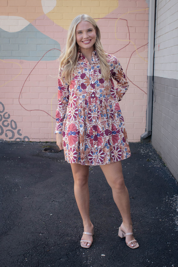Ciara Collared Button Down Dress, Cream Rust