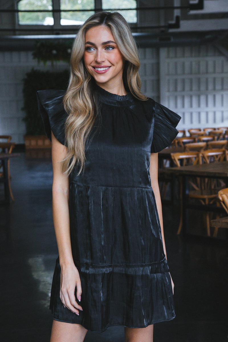 Tiffany Flutter Sleeve Tiered Dress, Black
