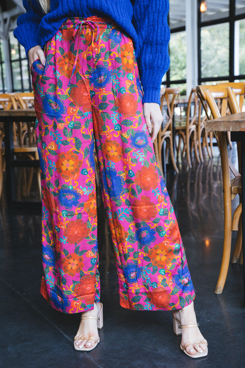 Zinnia Floral Pants, Fuchsia Floral