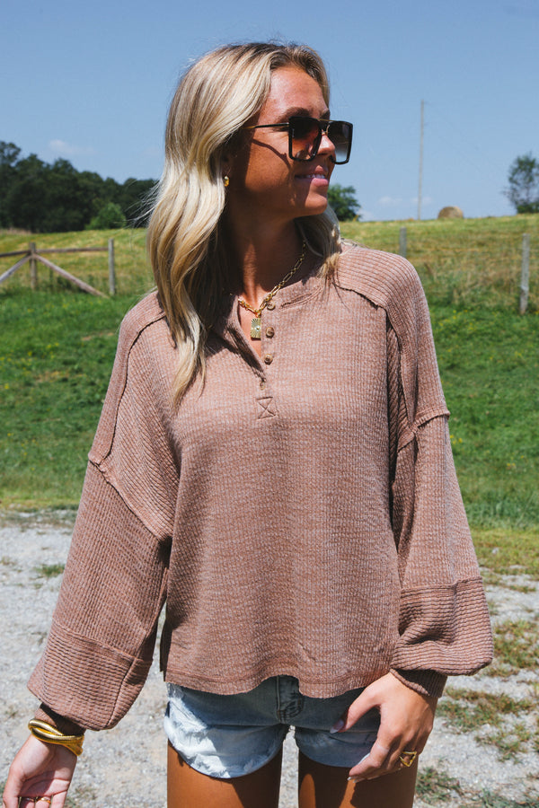 Fireside Knit Henley Top, Brown