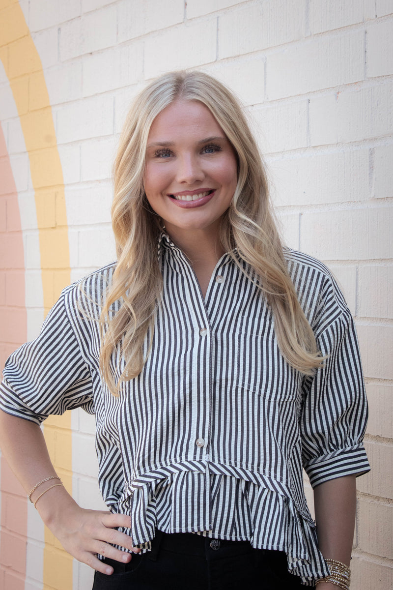 Indie Striped Ruffle Hem Button Up Top, Black
