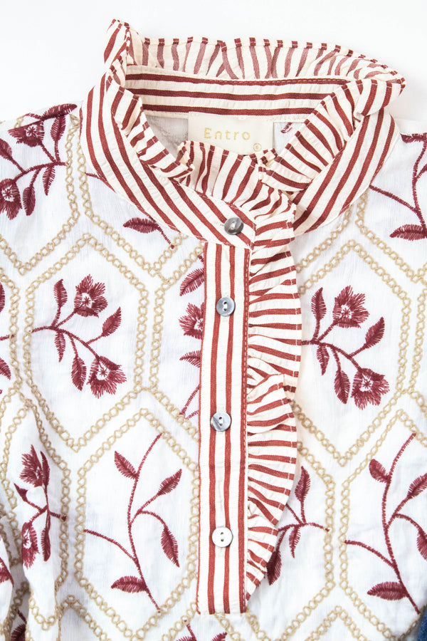 Ariella Ruffled Neck Embroidered Top, Cream