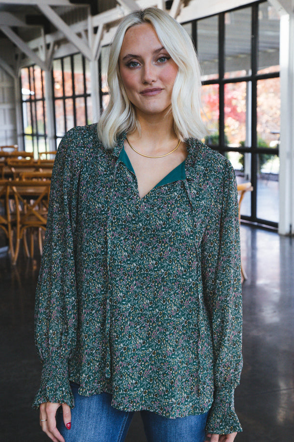 Mariam Textured & Printed Tie Neck Top, Hunter Green