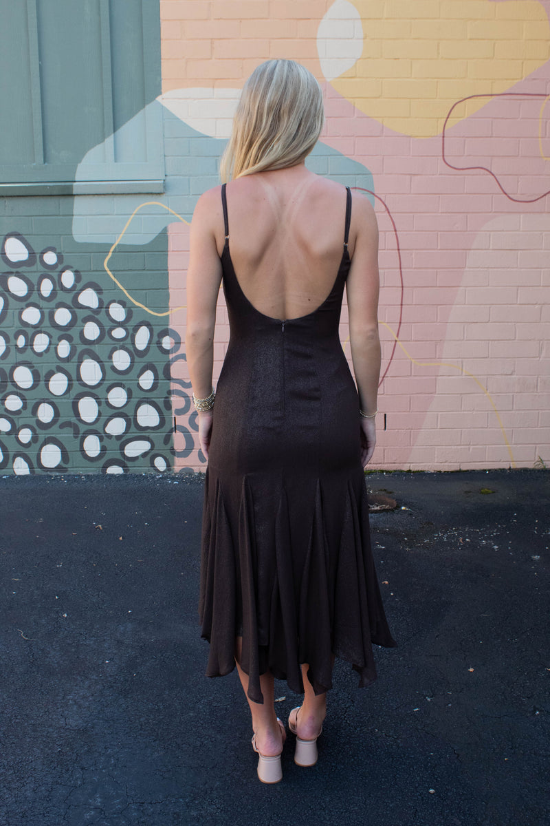 Phoebe Shimmering Asymmetric Hem Dress, Brown