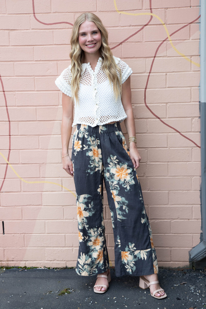 Days End Printed Linen Pant, Washed Black Combo Floral | Free People