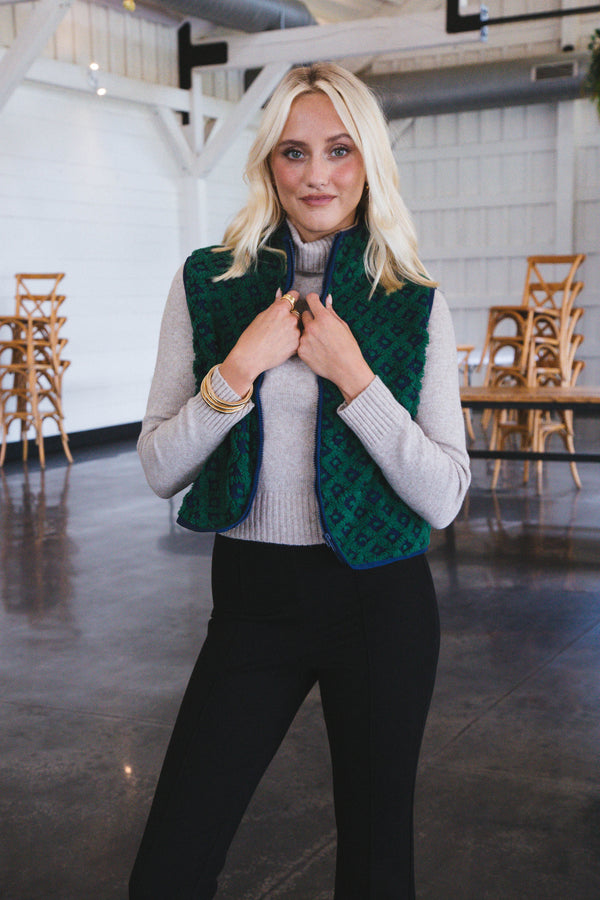 Hally Printed Fleece Vest, Navy Mix
