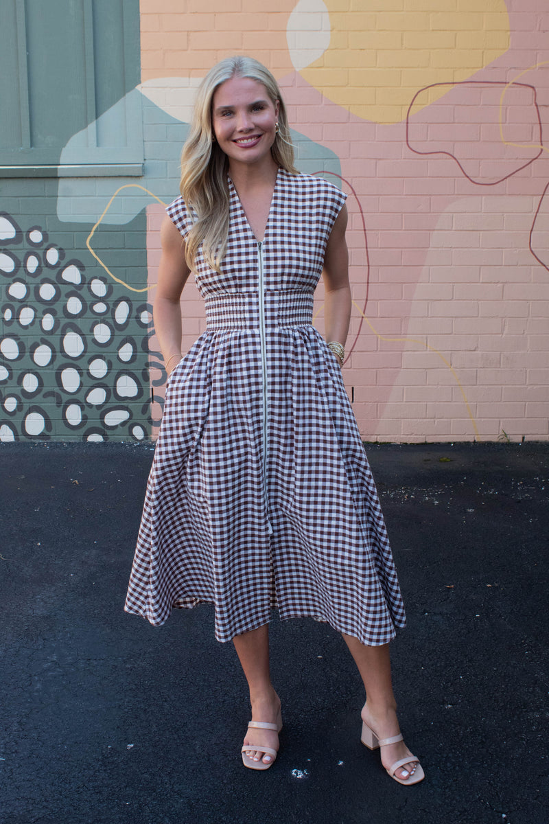 Millie Gingham Print Zip Up Dress, Chocolate