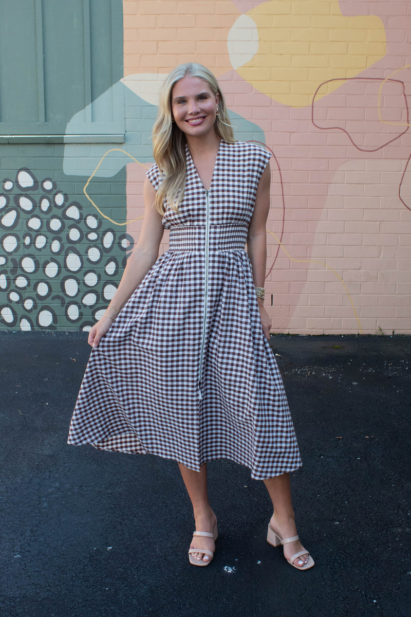 Millie Gingham Print Zip Up Dress, Chocolate