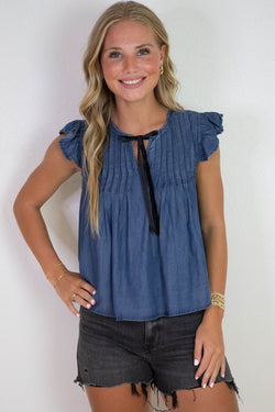 Rayna Contrast Front Tie Neck Top, Chambray