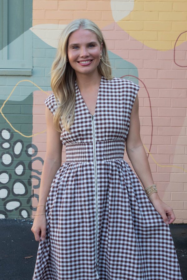 Millie Gingham Print Zip Up Dress, Chocolate
