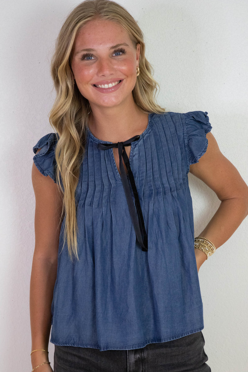 Rayna Contrast Front Tie Neck Top, Chambray