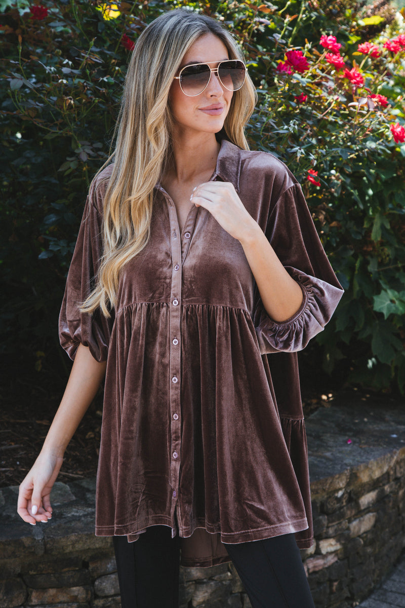 Vanna Velvet Babydoll Shirt, Almond