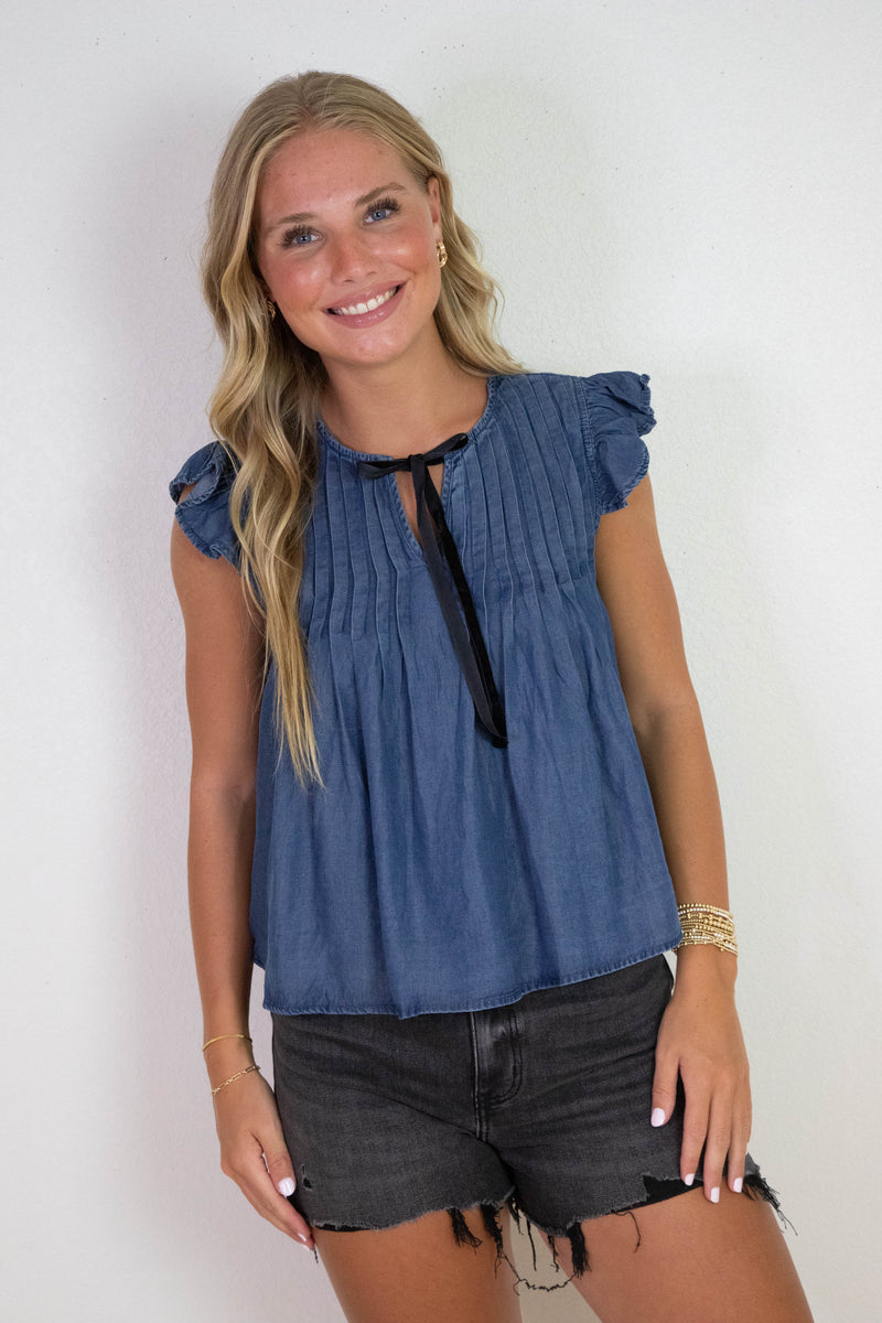 Rayna Contrast Front Tie Neck Top, Chambray