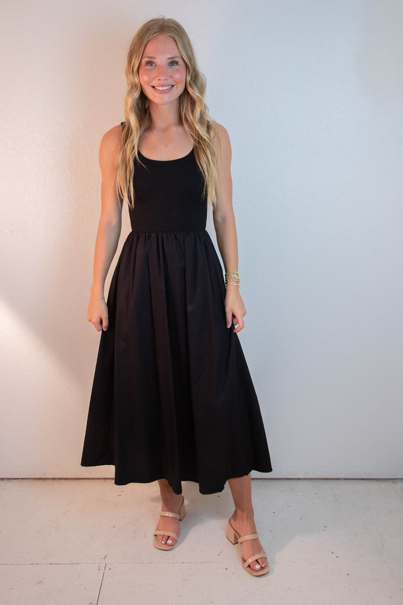 Rhea Mixed Media Midi Dress, Black
