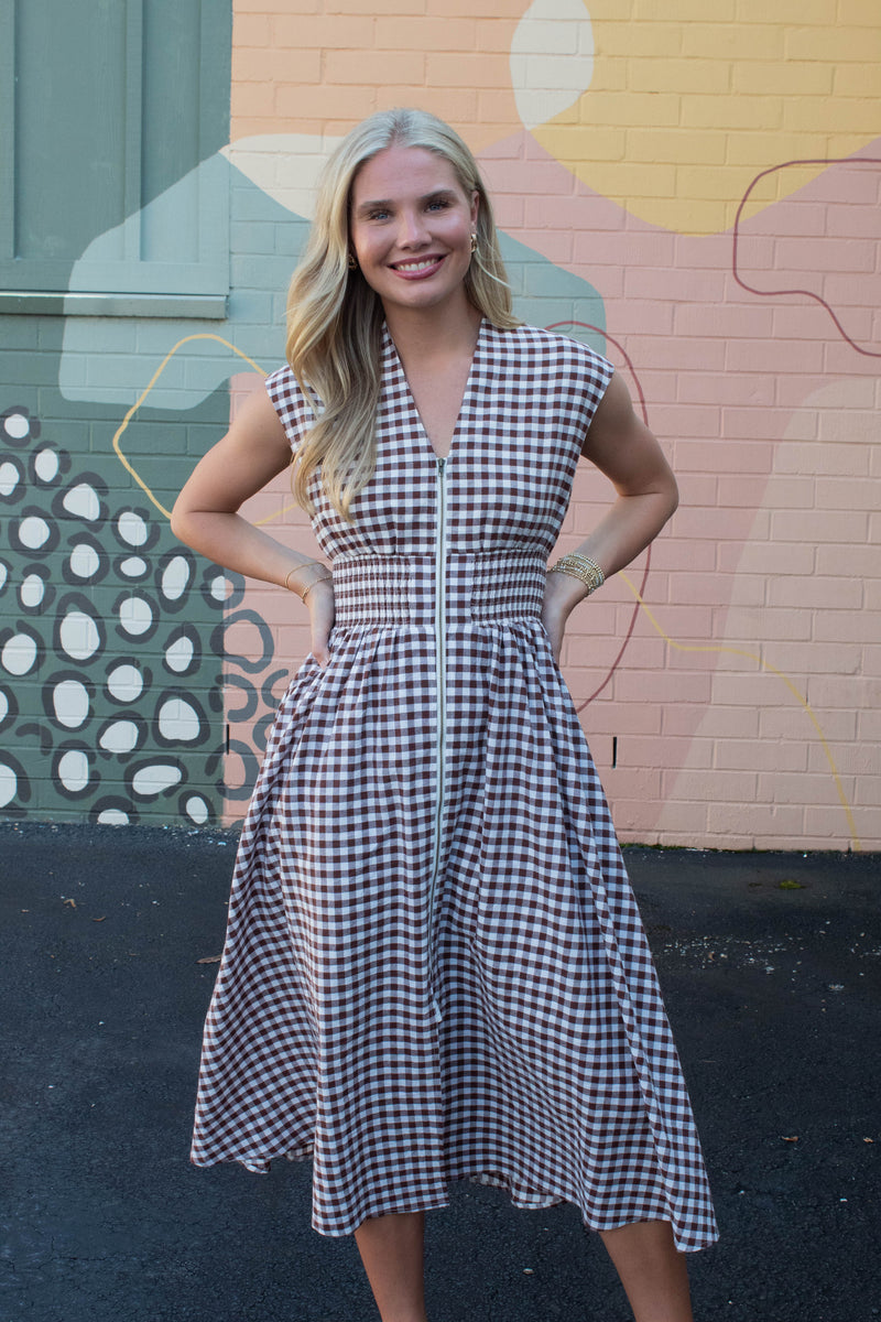 Millie Gingham Print Zip Up Dress, Chocolate