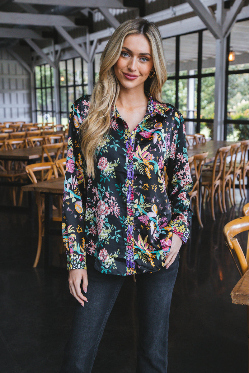 Novalee Printed Button Up Shirt, Black Mix