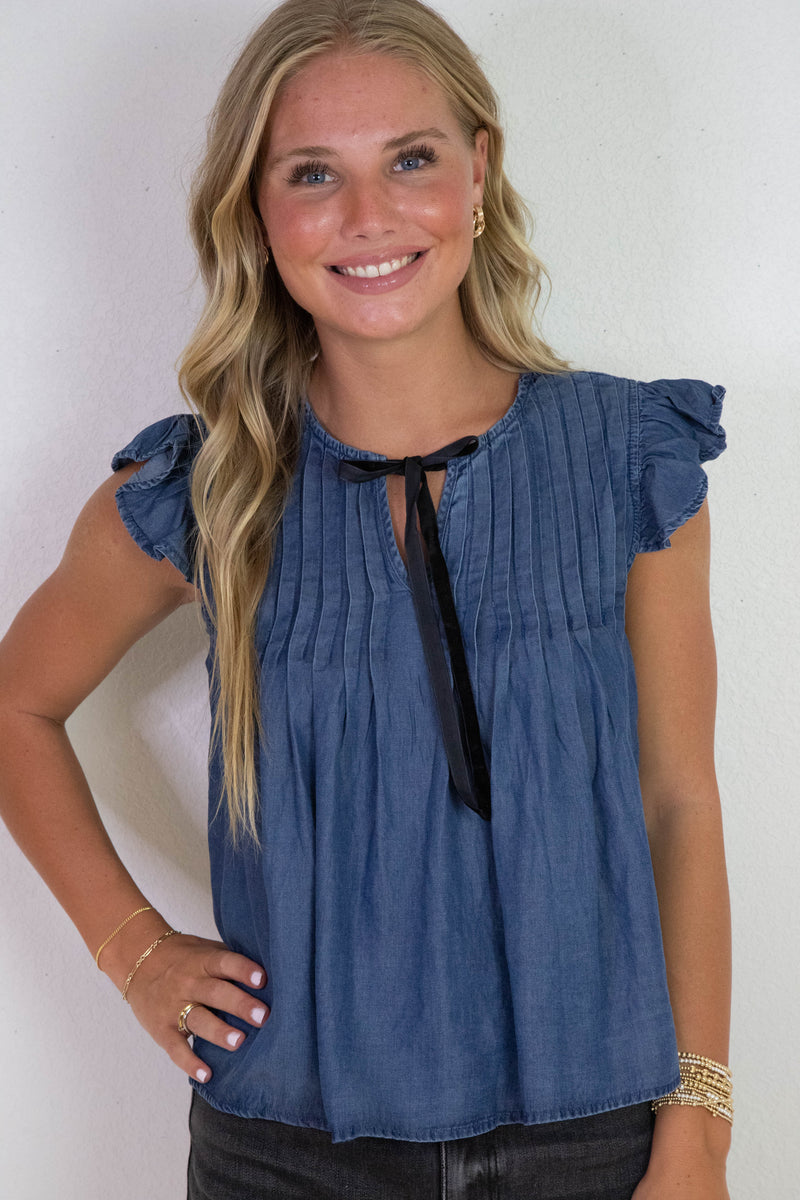 Rayna Contrast Front Tie Neck Top, Chambray