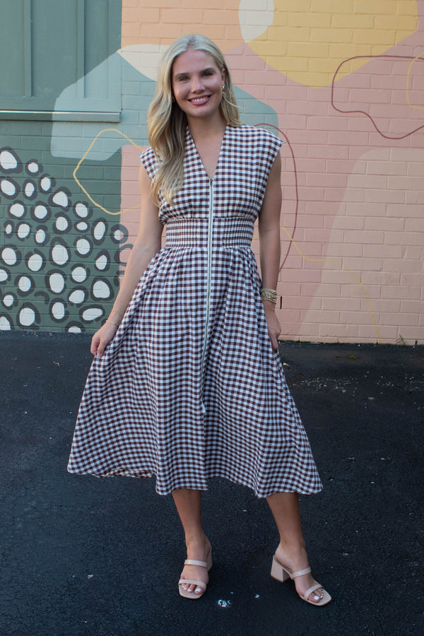 Millie Gingham Print Zip Up Dress, Chocolate