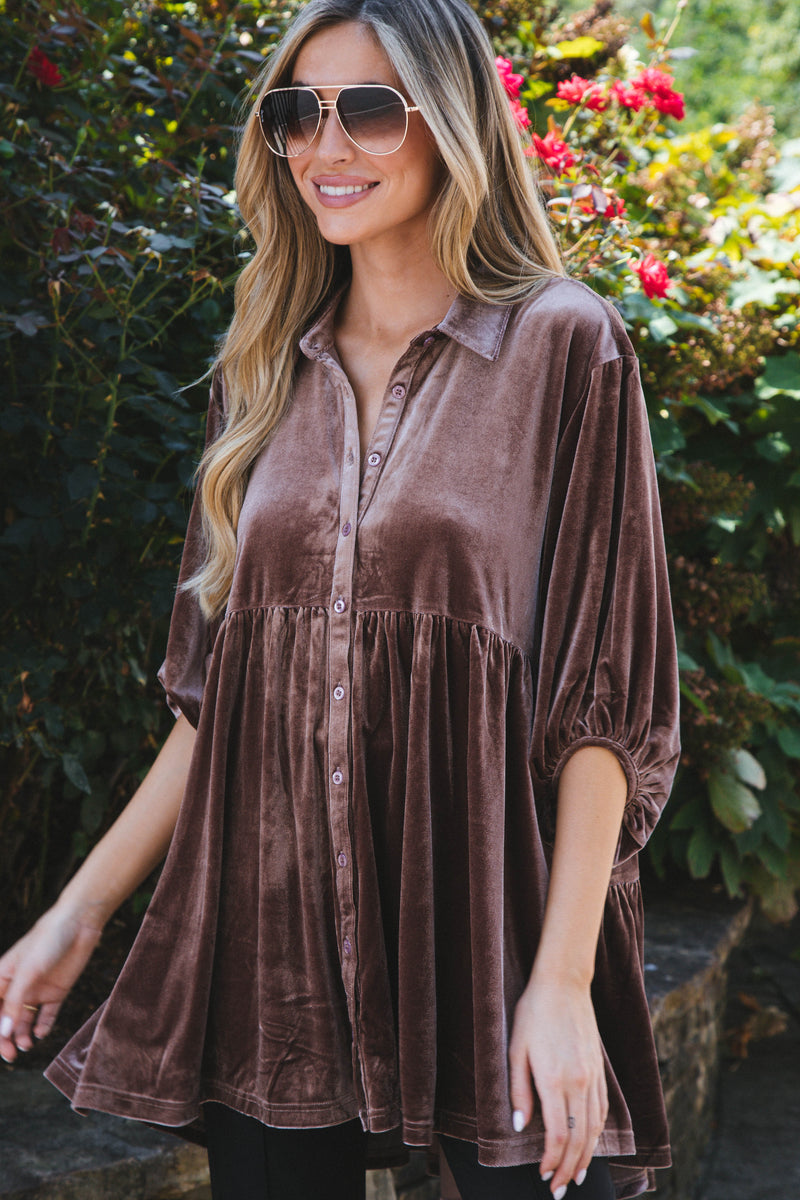 Vanna Velvet Babydoll Shirt, Almond